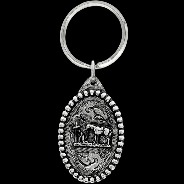 Praying Cowboy Keychain, The Praying Cowboy keychain includes a beaded border, a 3D kneeling cowboy figure, and a key ring attachment. Each silver key chain is built with our white